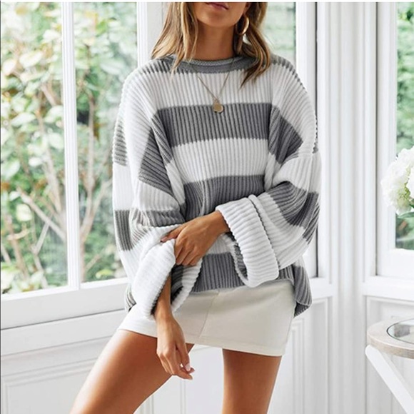 Sweaters - Olive green & white striped sweater